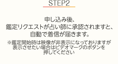 STEP2:申し込み後、鑑定リクエストが占い師に承認されますと、自動で着信が届きます。※鑑定開始時は映像が非表示になっておりますが表示させたい場合はビデオマークのボタンを押してください